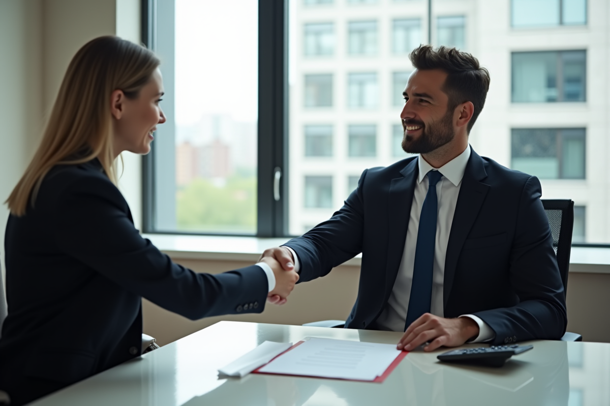 Échange de poignée de main entre un professionnel et un banquier dans un bureau