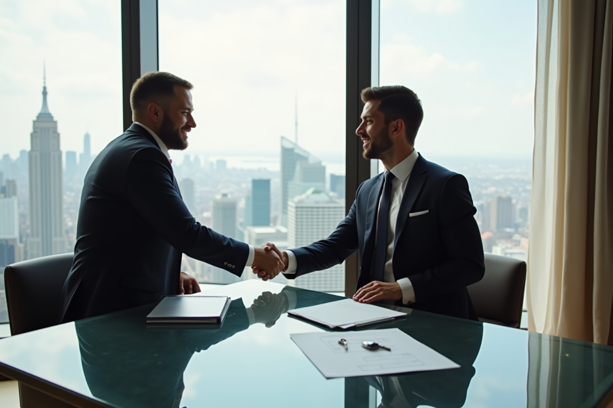 Agent immobilier en costume dans un penthouse moderne avec vue urbaine