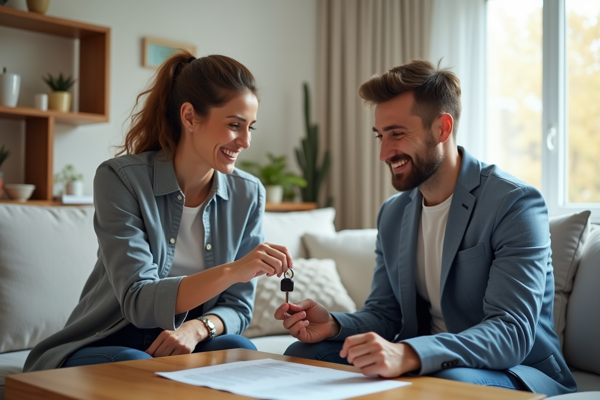 Agent immobilier remettant les clés à un locataire souriant dans un salon lumineux