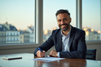 Agent immobilier souriant signant un contrat dans un bureau moderne