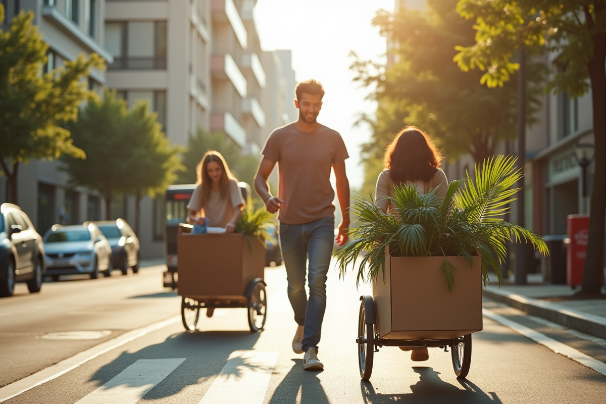 Groupe d amis chargeant des meubles en ville en velo