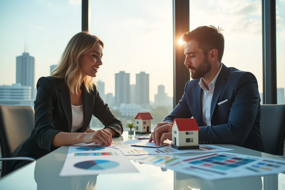 Businesswoman et businessman analysant des graphiques immobiliers