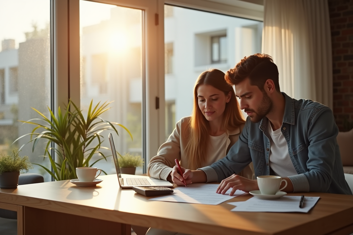 Intérieur d'un appartement moderne lumineux avec un couple et documents