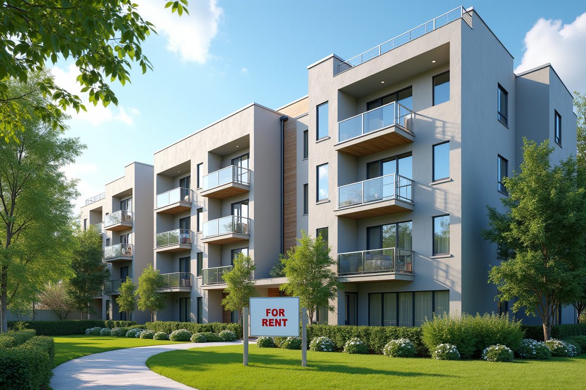 Façade d un immeuble neuf avec panneau a louer en plein jour