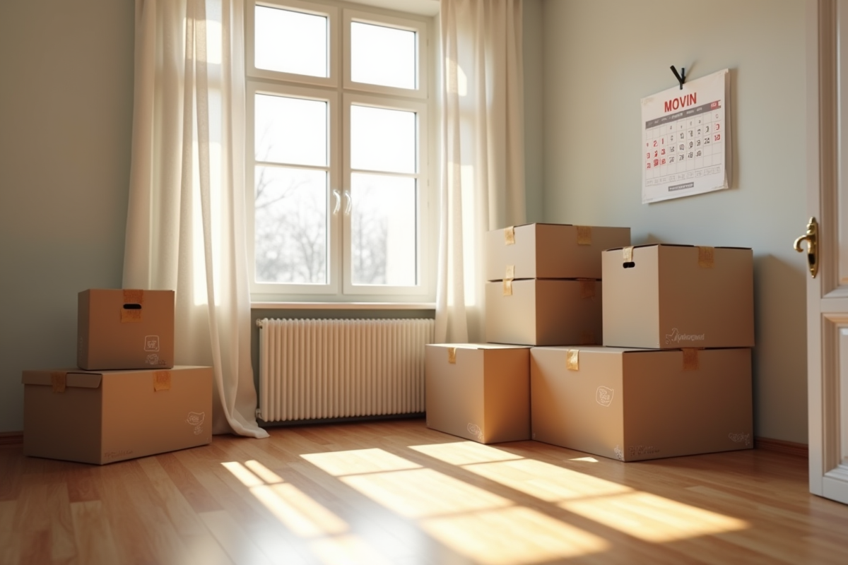 Appartement vide avec cartons et calendrier de move