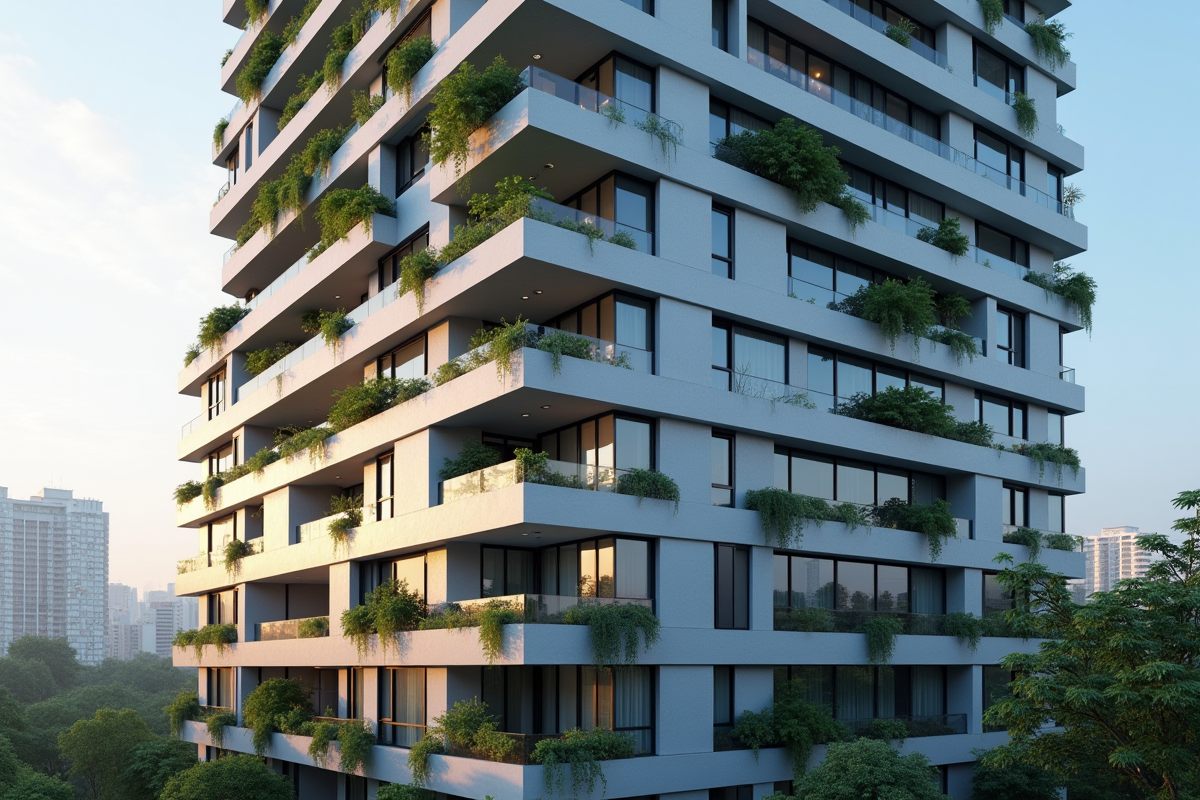 Immeuble moderne avec balcons fleuris en extérieur calme