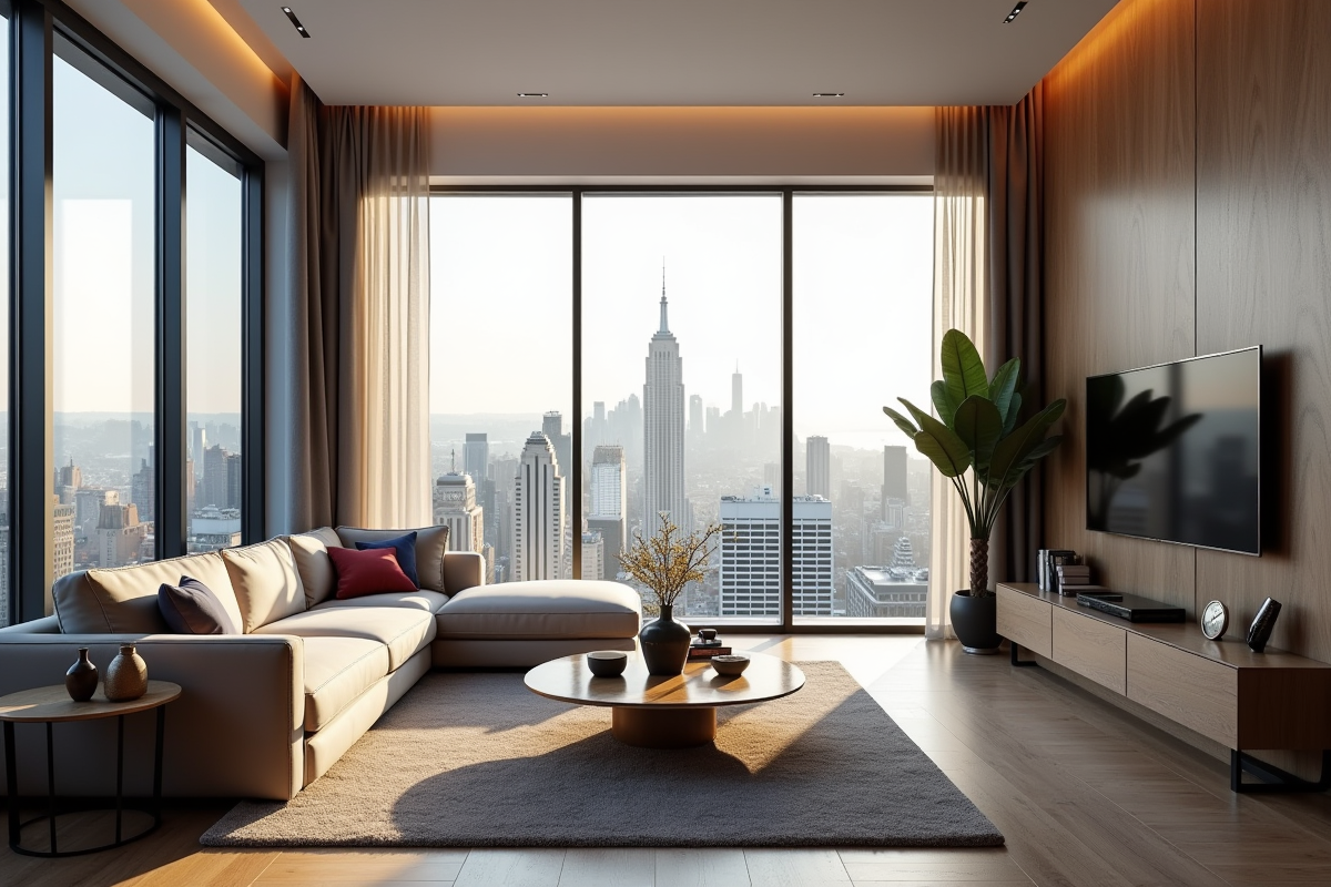 Salon moderne avec vue sur la ville et lumière naturelle