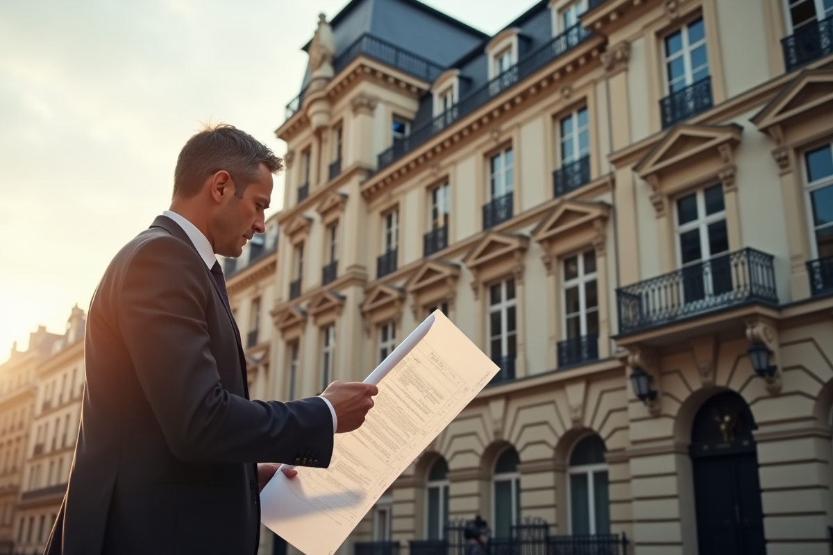 Architecte en costume examinant des plans devant un bâtiment historique parisien