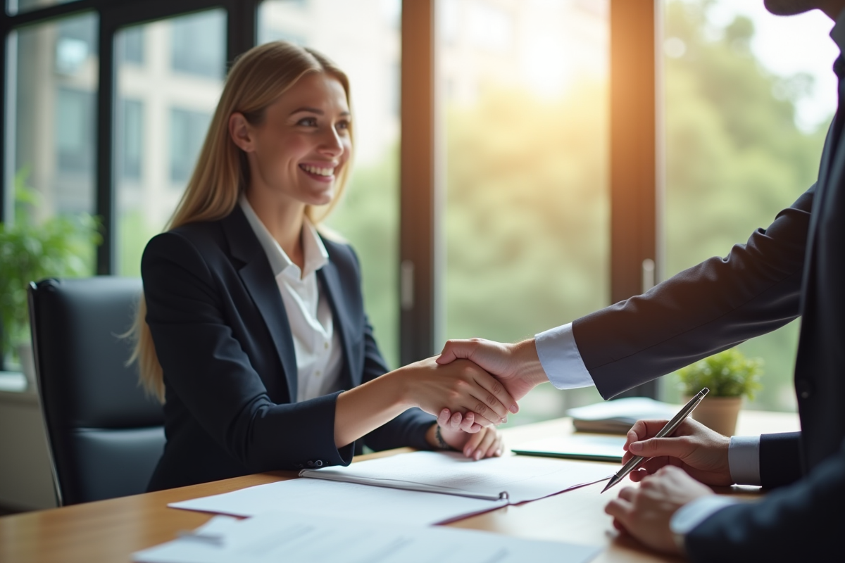 Banquier souriant remettant un contrat à un client dans un bureau lumineux