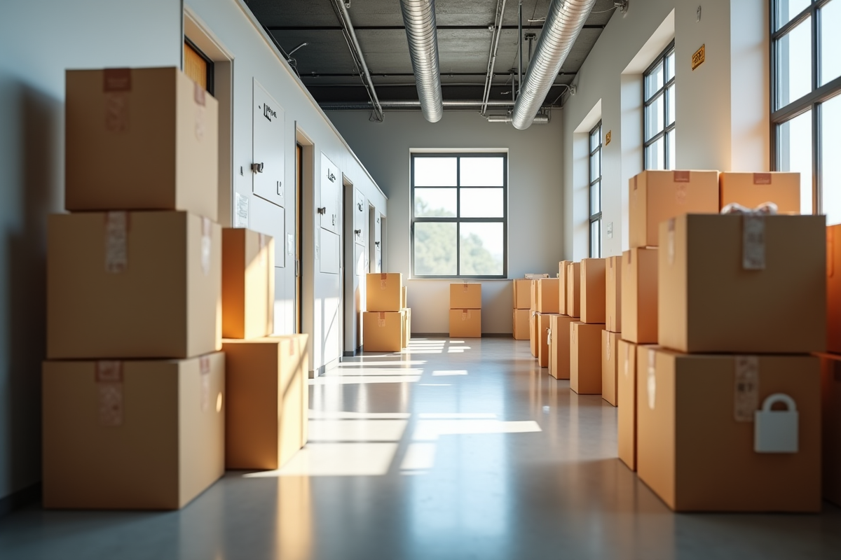 Caisses en carton empilees dans un espace de stockage moderne et sécurisé