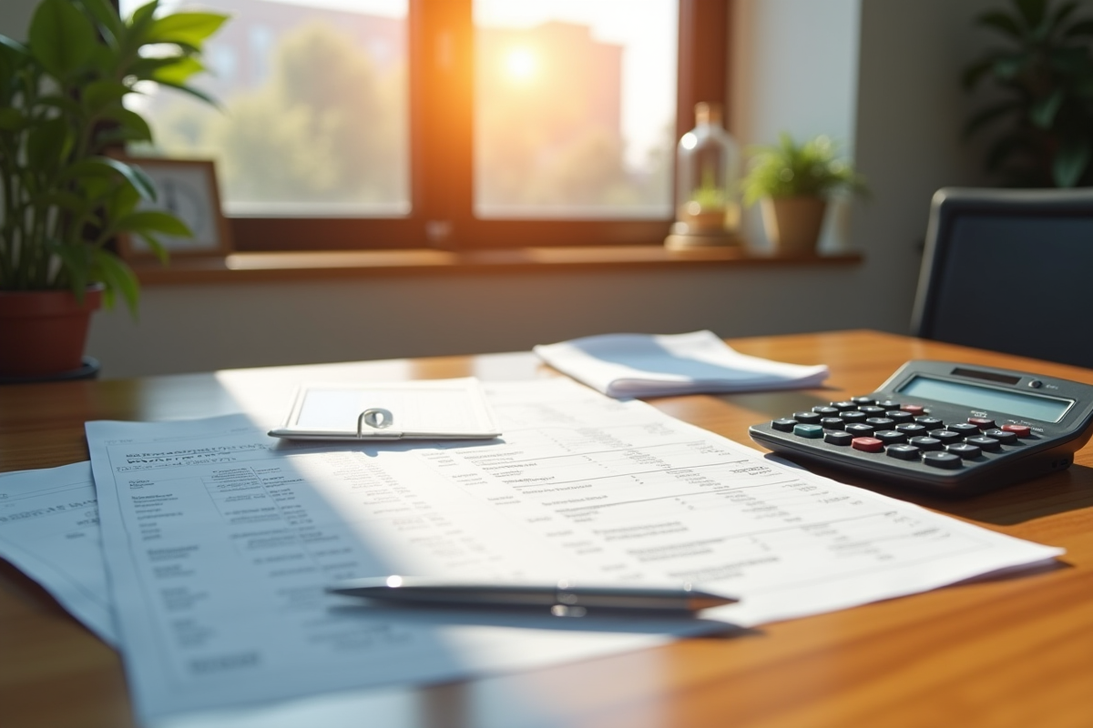 Bureau organisé avec factures et calculatrice pour impots