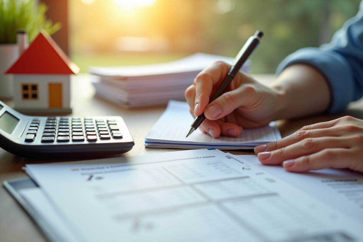 Personne utilisant une calculatrice avec des contrats de vente et une maquette de maison