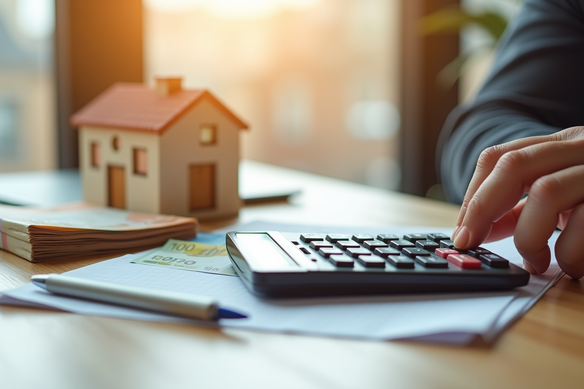 Main tenant une calculatrice avec billets et maison miniature