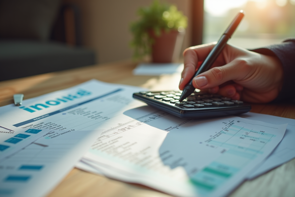 Main tenant une calculatrice et un stylo examinant une facture sur un bureau en bois
