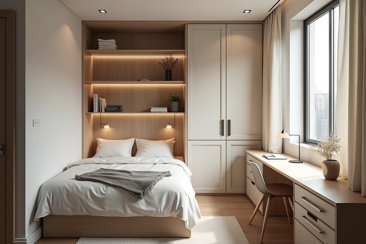 Chambre d appartement en ville avec rangement intégré