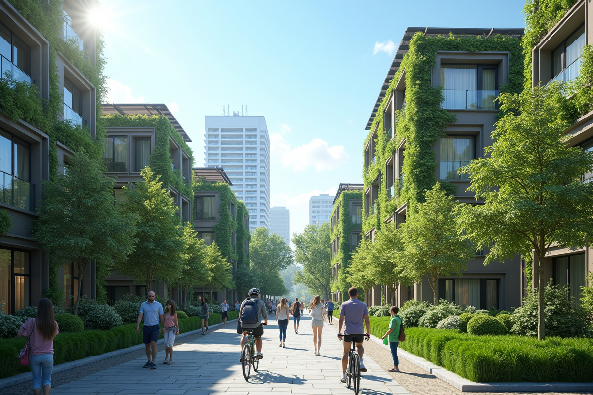 Paysage urbain écologique avec jardins verticaux et panneaux solaires