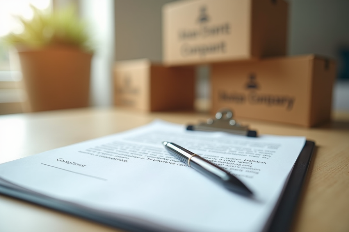 Classeur avec lettre de plainte et cartons de déménagement en arrière-plan