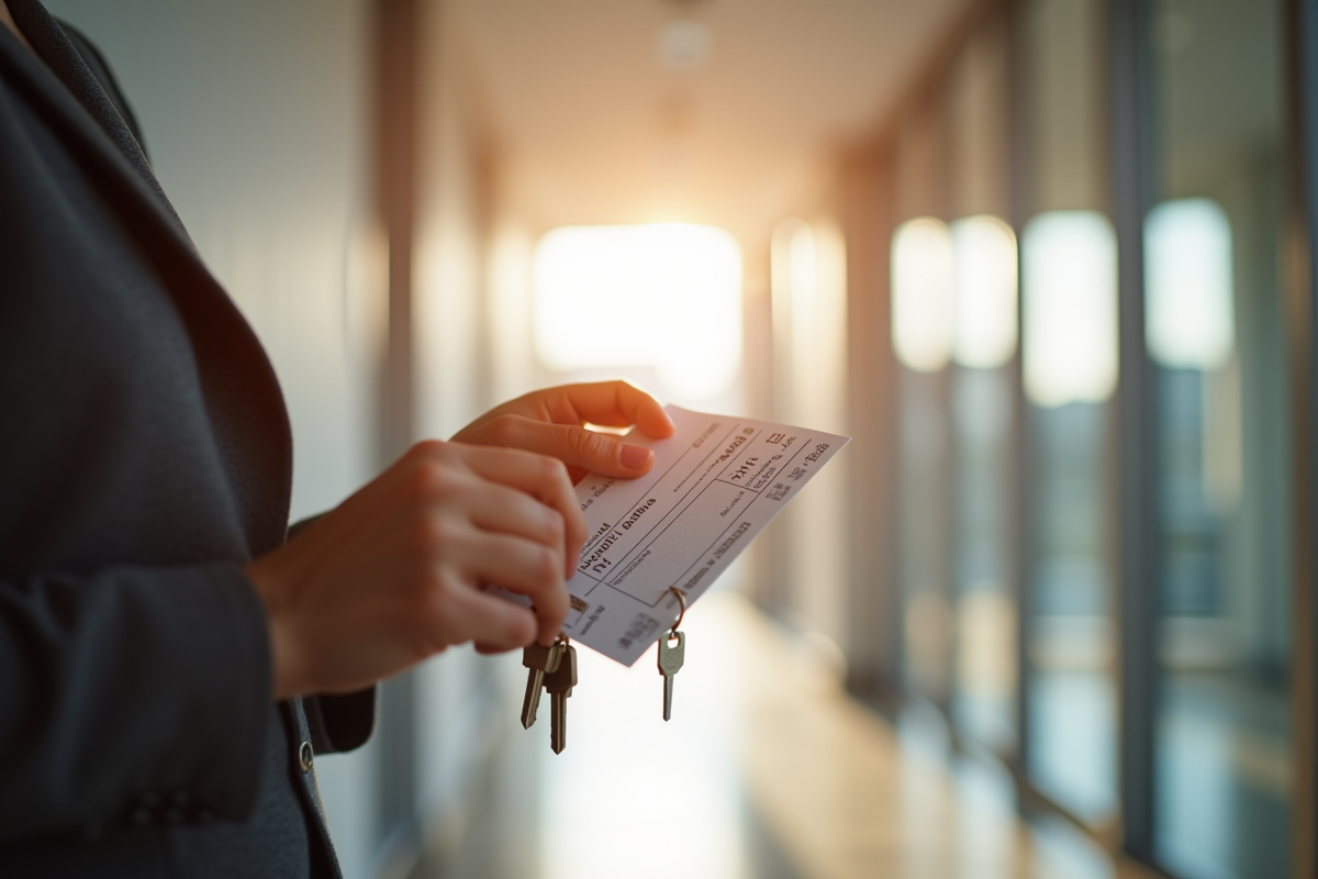 Mains tenant des clés et un chèque de dépôt dans un couloir lumineux