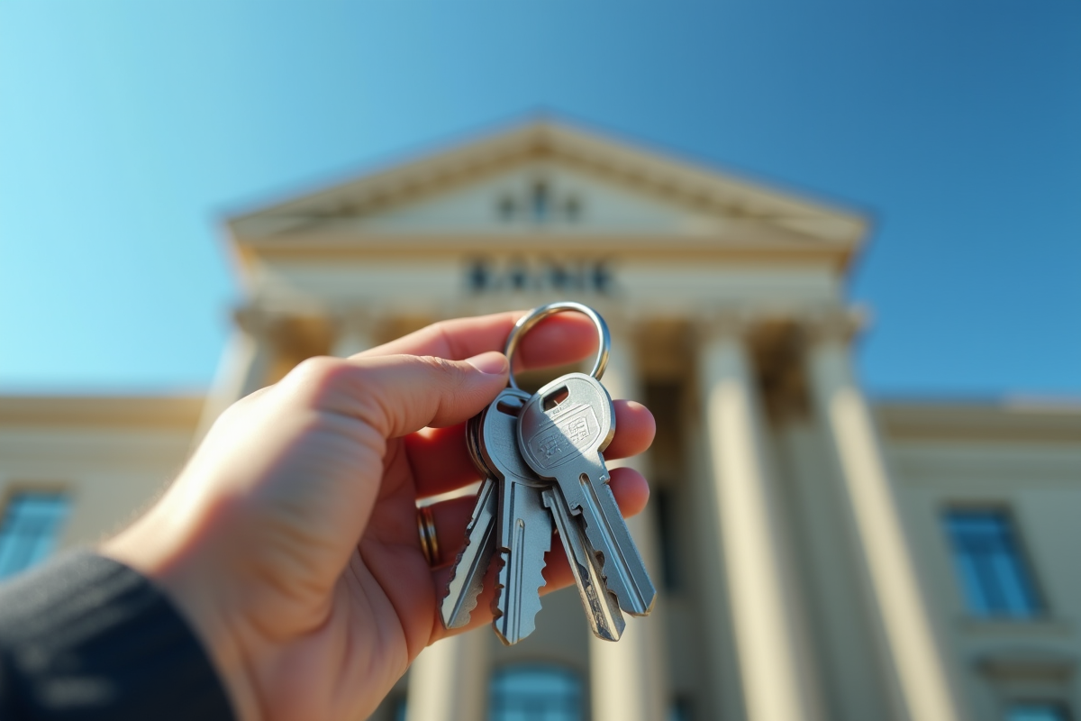 Main tenant des clés de maison avec une banque en arrière-plan