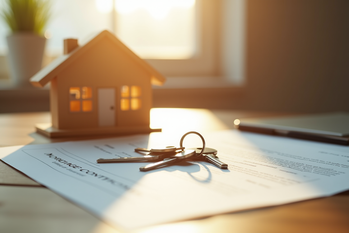 Clés de maison et contrat de prêt immobilier sur une table en matinée