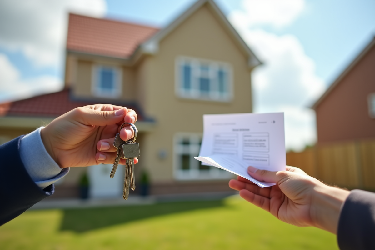 Mains tenant des clés de maison devant une maison neuve