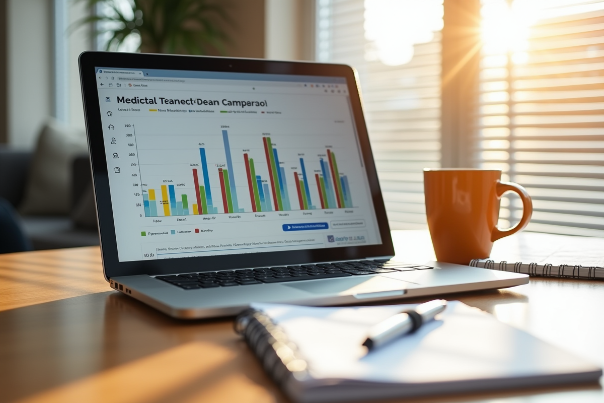 Ordinateur portable avec graphiques de taux de prêt sur un bureau lumineux