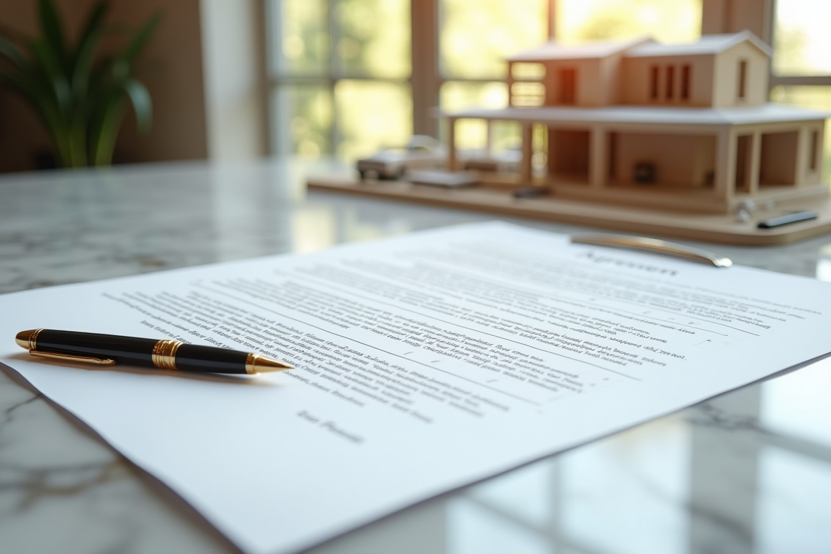 Contrat de commission sur bureau en marbre avec plans et maquette