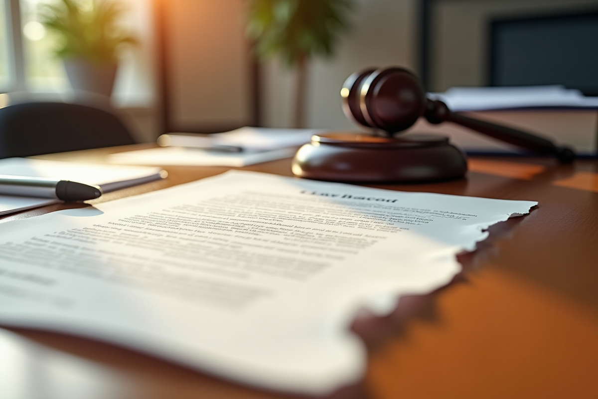 Contrat juridique déchiré avec signature visible sur un bureau en lumière naturelle