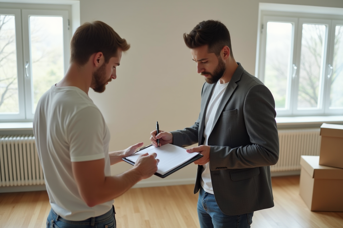 Propriétaire et locataire signant un contrat dans un appartement vide