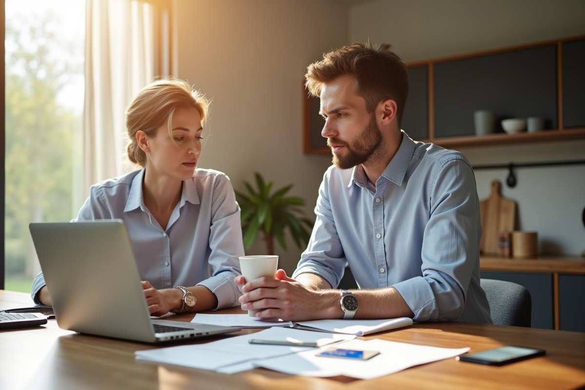 Couple professionnel discutant de prêt immobilier à la cuisine