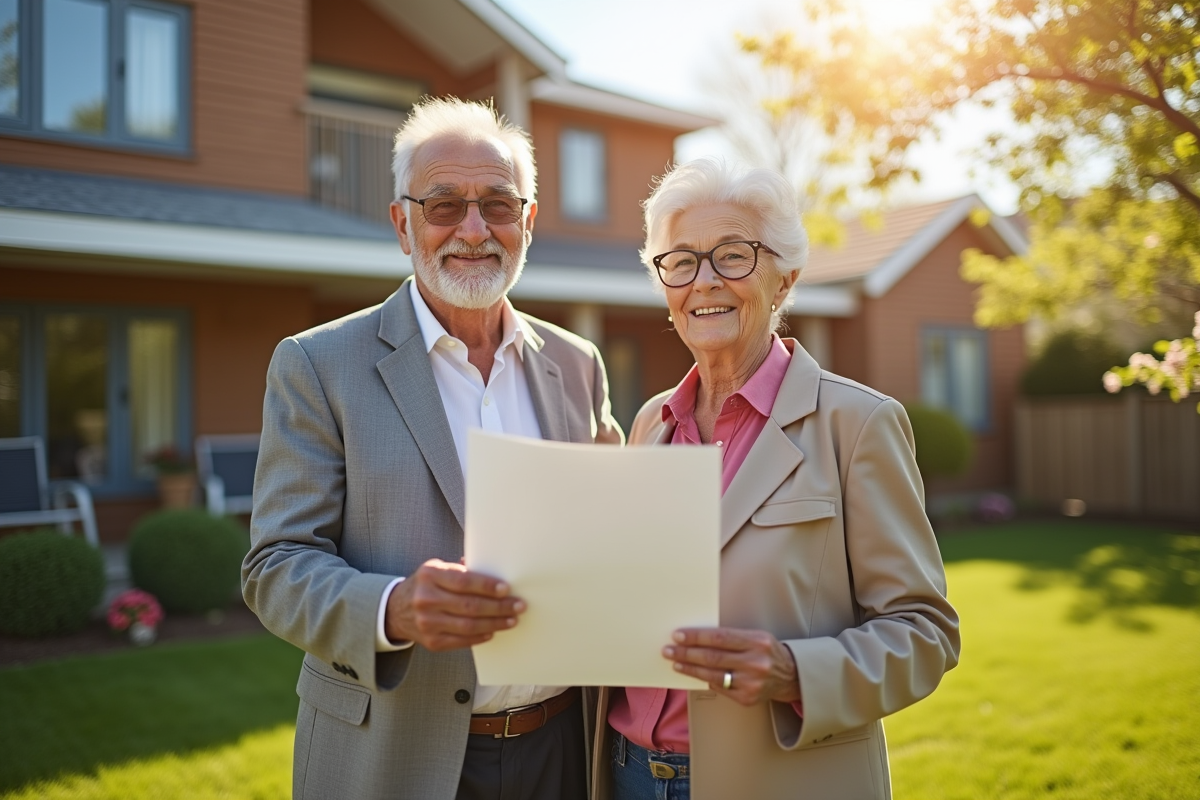 Couple de seniors souriants devant leur maison avec documents