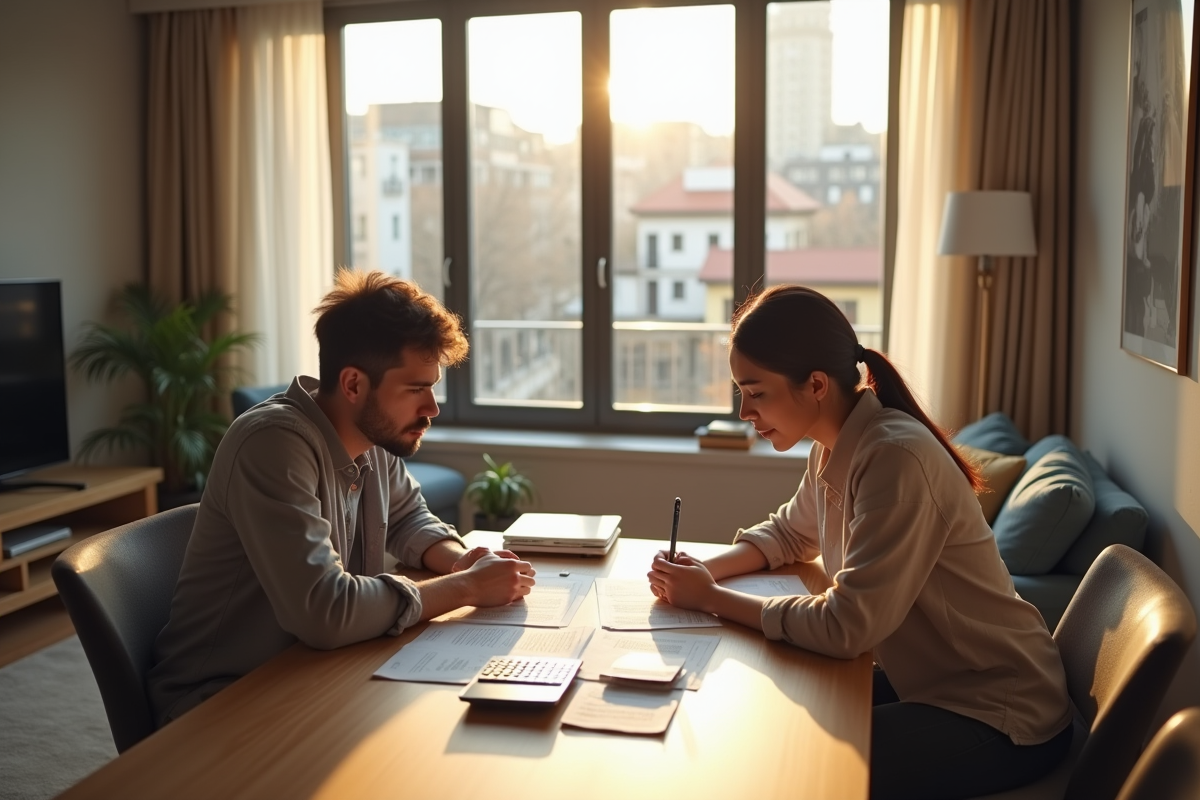 Couple inquiet examinant des documents de prêt immobilier