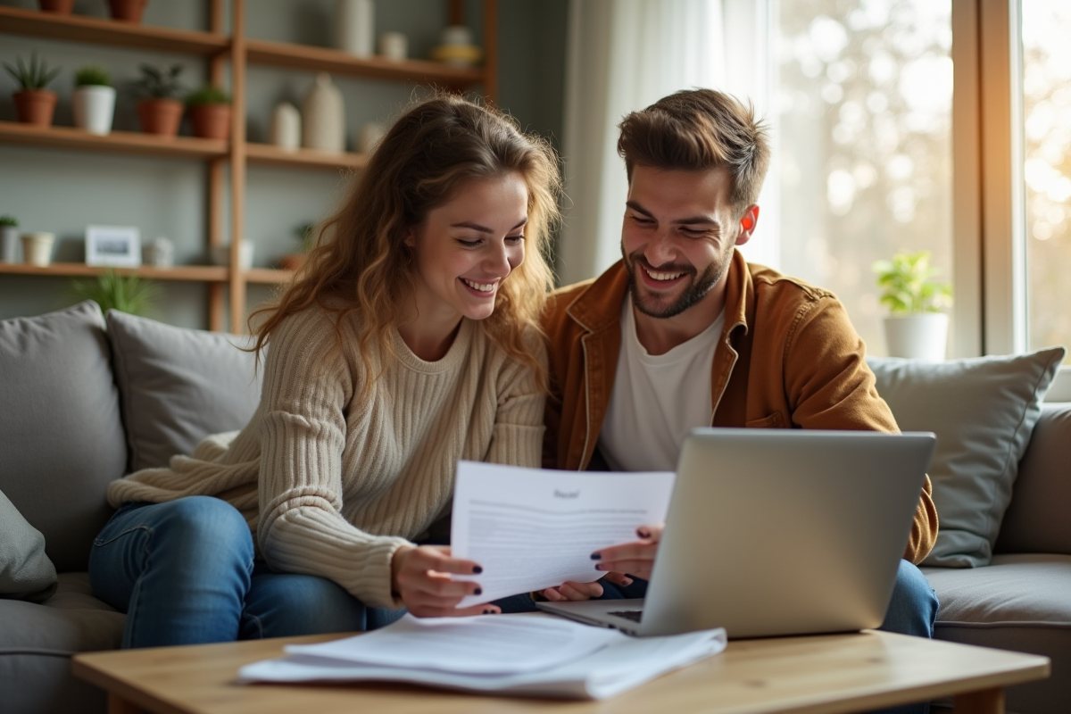 Jeune couple souriant dans leur salon cosy avec documents