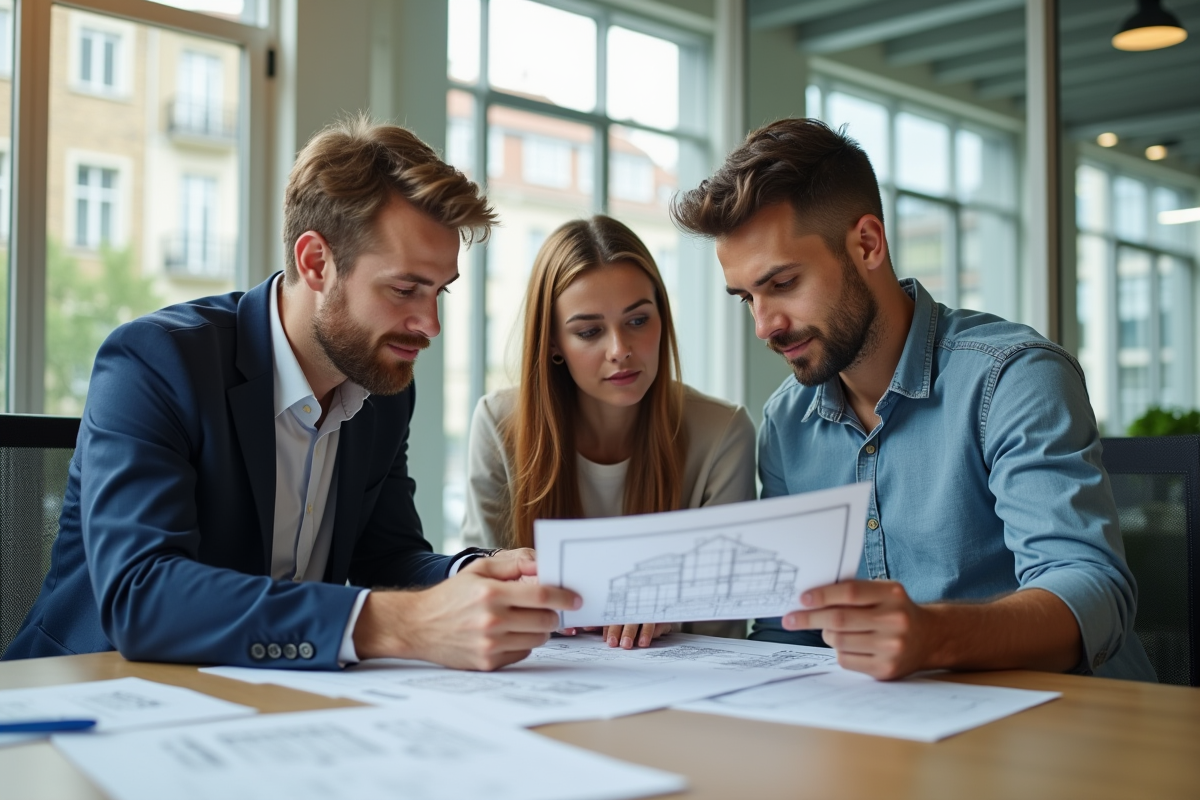 Jeune couple discutant plans de rénovation avec conseiller Crédit Agricole