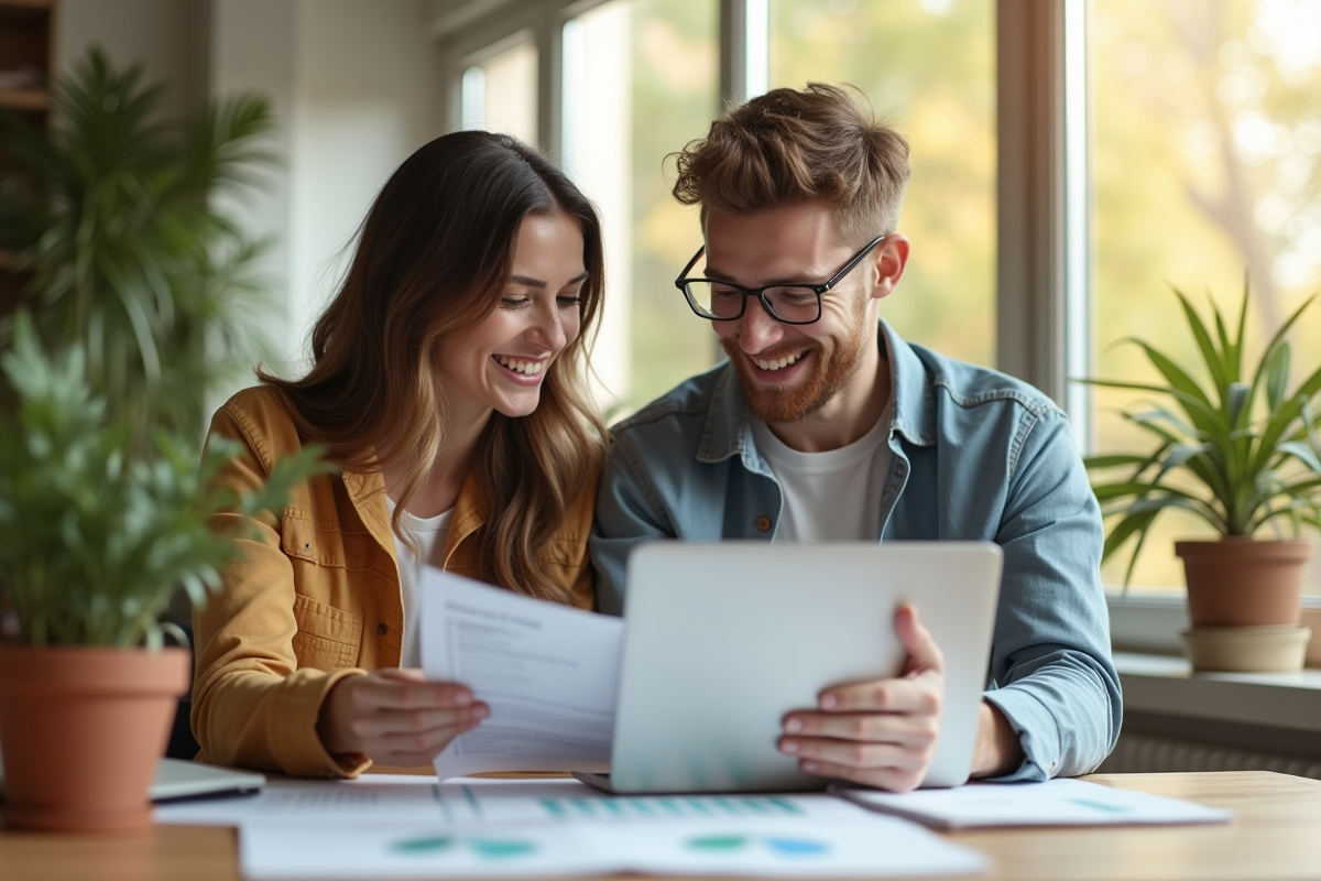 Jeune couple souriant à la maison avec documents financiers