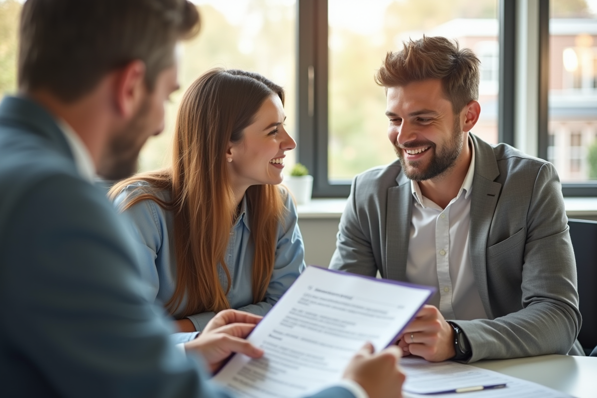 Couple souriant discutant de documents de prêt immobilier