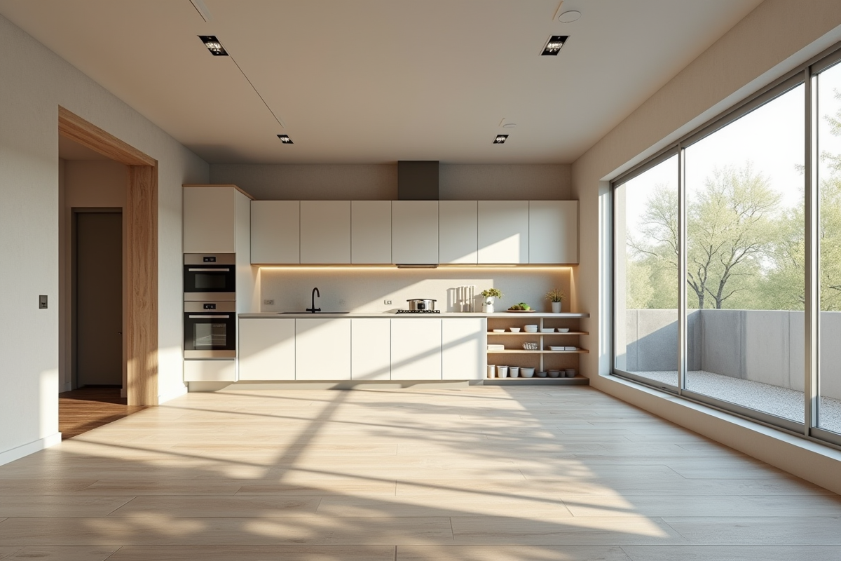 Cuisine moderne en rénovation avec appareils neufs et lumière naturelle