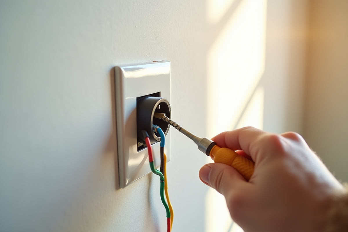 Fermeture d une prise électrique avec fils colorés et tournevis