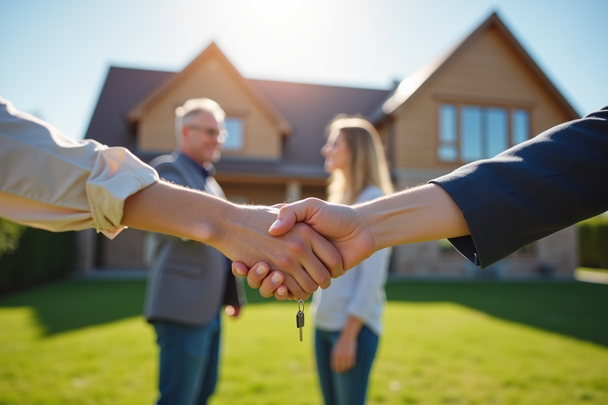 Couple serrant la main avec un agent immobilier devant une maison moderne