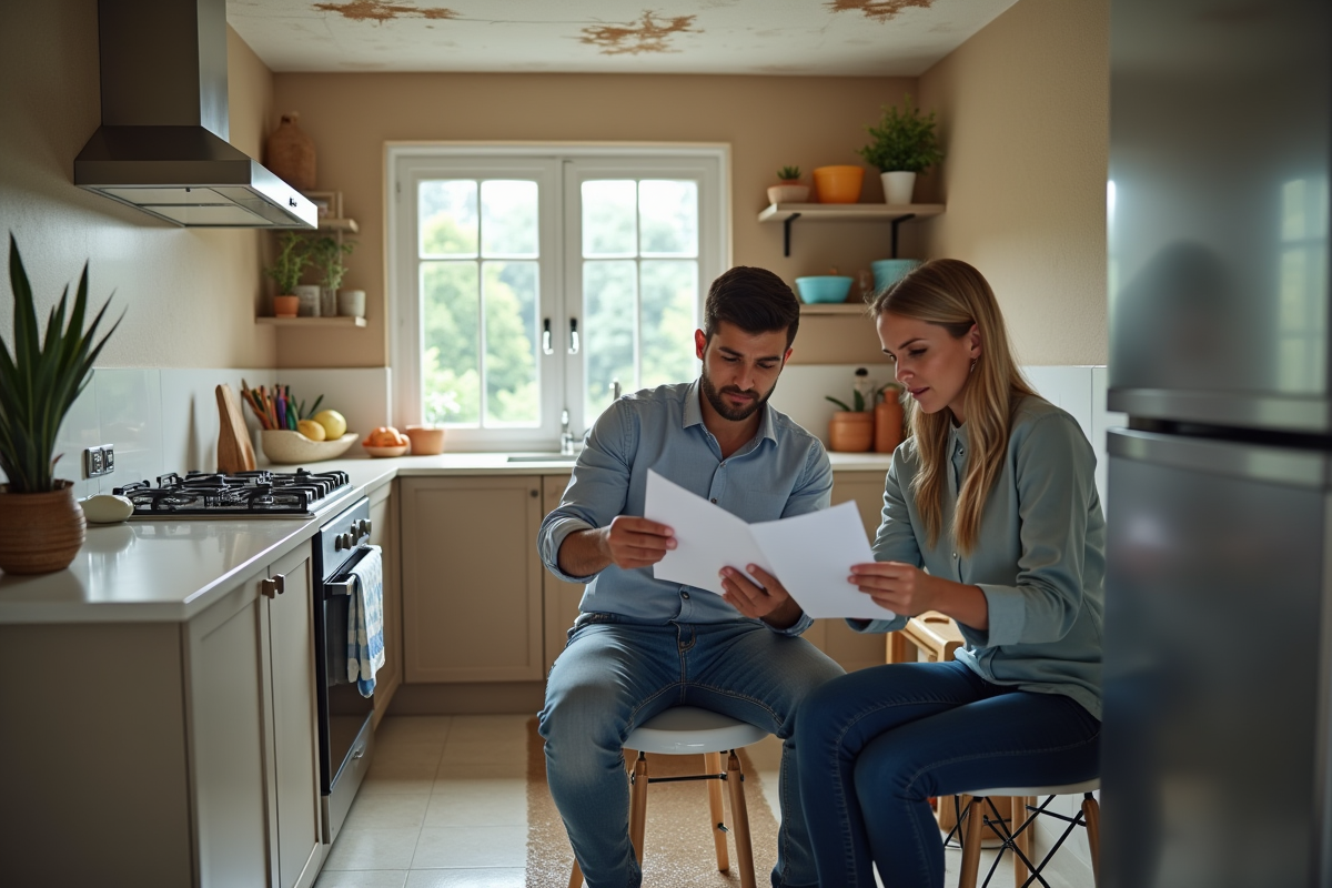 Expert en assurance montrant des documents à un couple inquiet dans une cuisine moderne