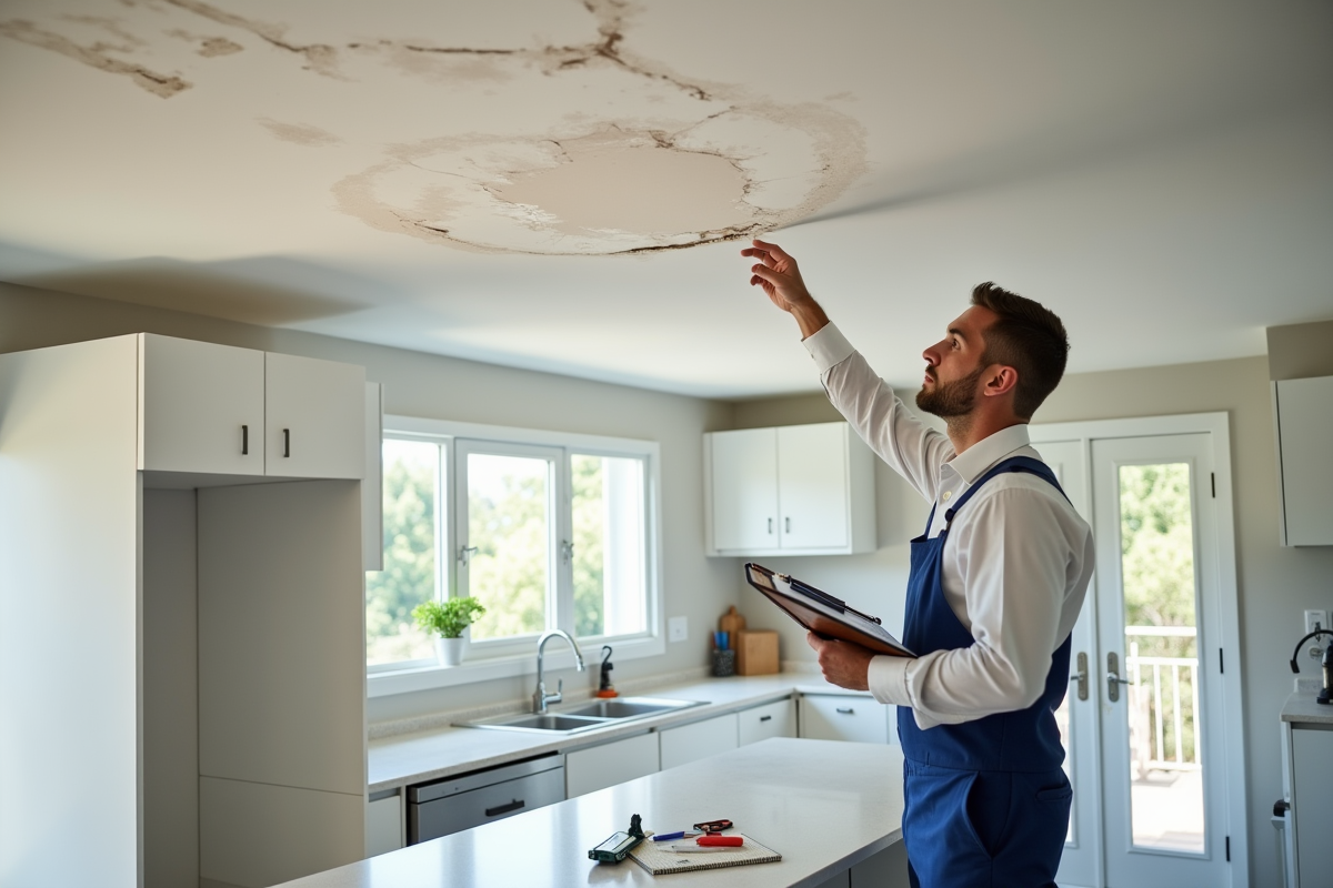 Expert en assurance inspectant plafond humide en cuisine lumineuse