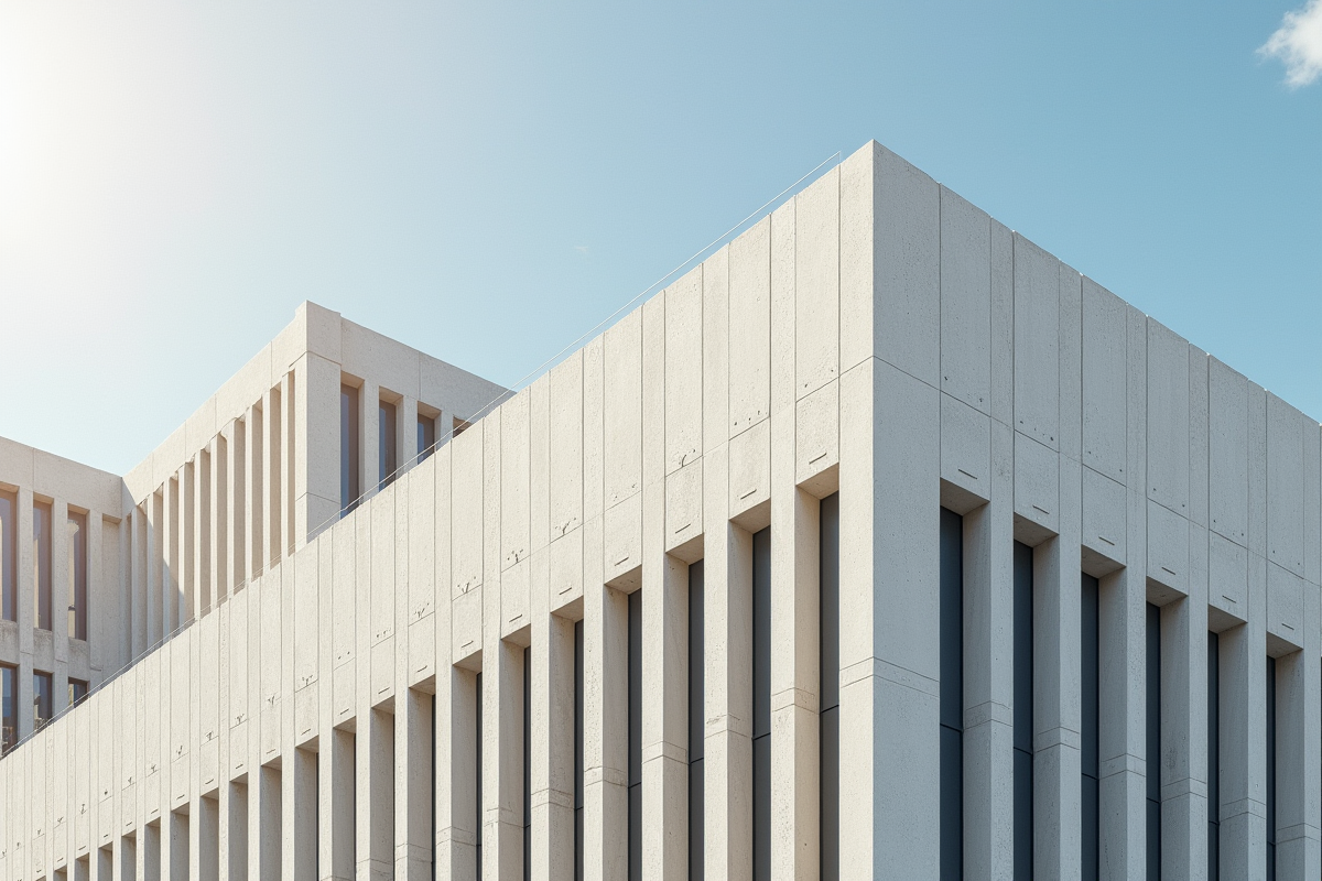 Façade extérieure en béton avec lignes verticales sous le soleil