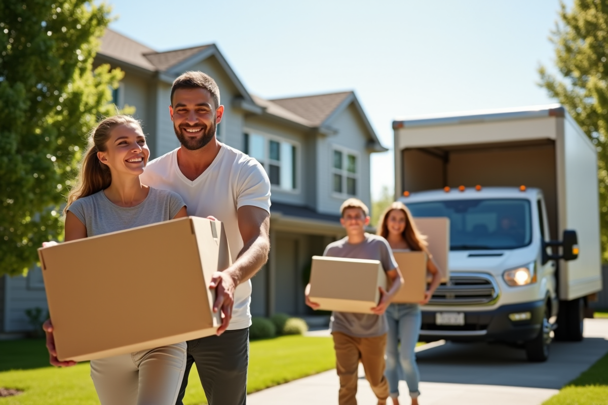Famille heureuse avec cartons devant maison ensoleillee