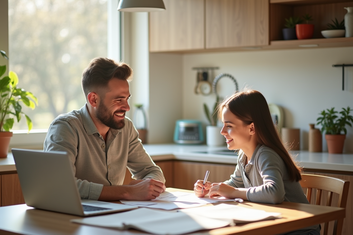 Famille heureuse à la maison vérifiant des documents financiers