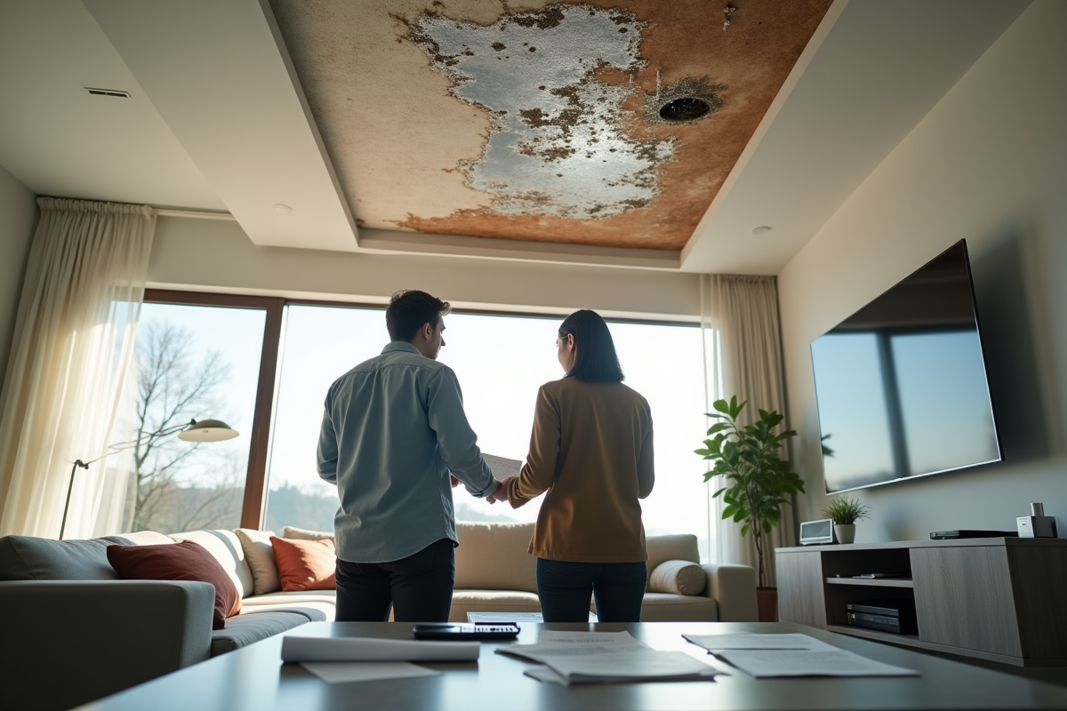 Couple inquiet examinant des taches d'eau au plafond du salon