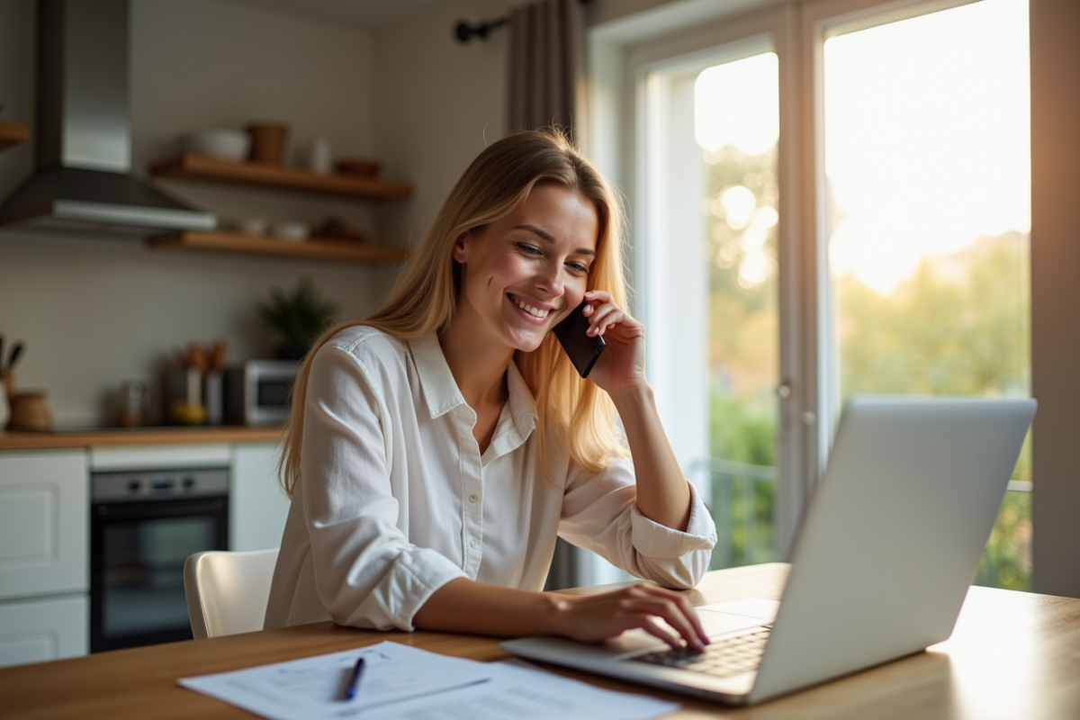 Jeune femme souriante au téléphone dans une cuisine moderne
