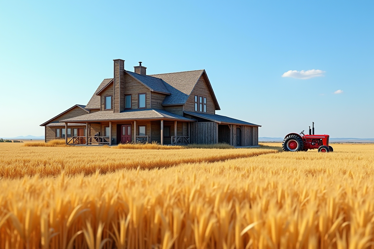 Ferme américaine traditionnelle avec champs de blé dorés sous ciel bleu
