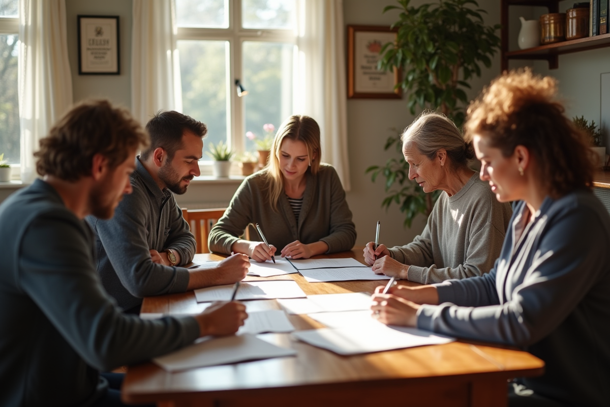 Groupe d'adultes divers signant des documents dans la cuisine