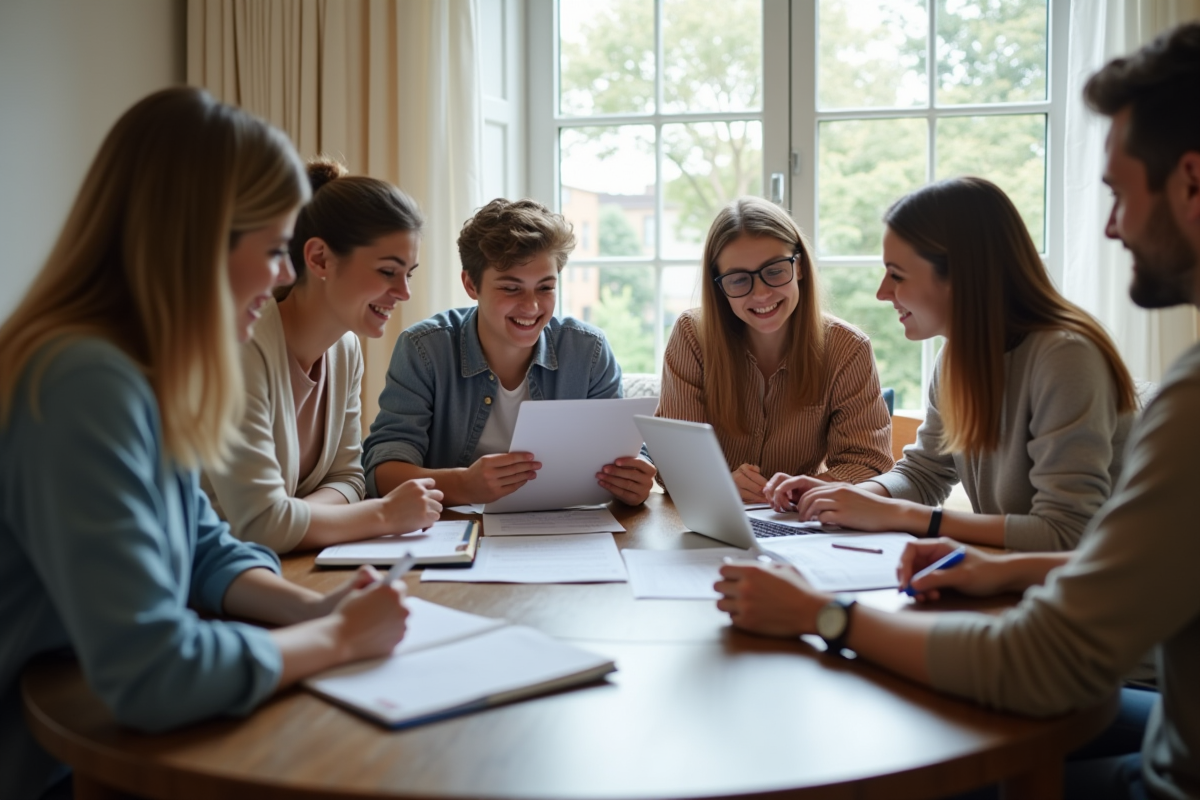 Jeunes adultes partageant des documents dans un salon lumineux