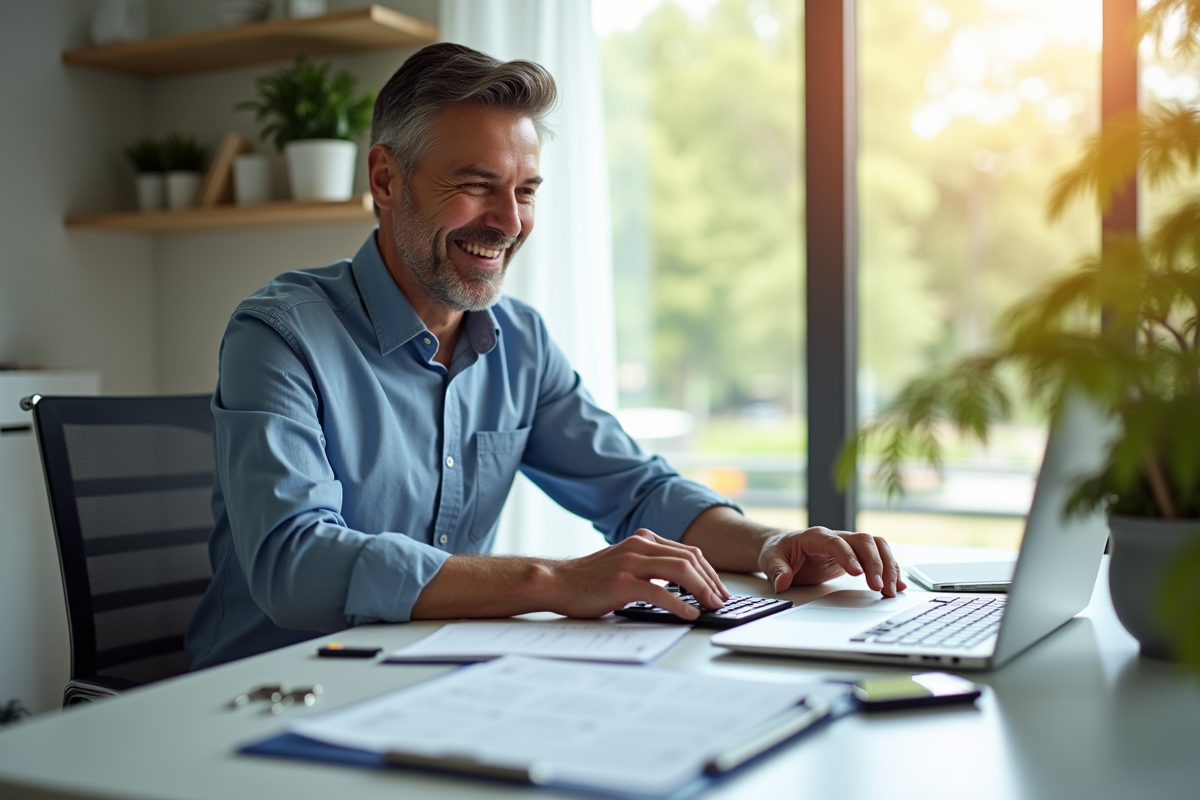 Homme souriant au bureau moderne avec documents et clés de location